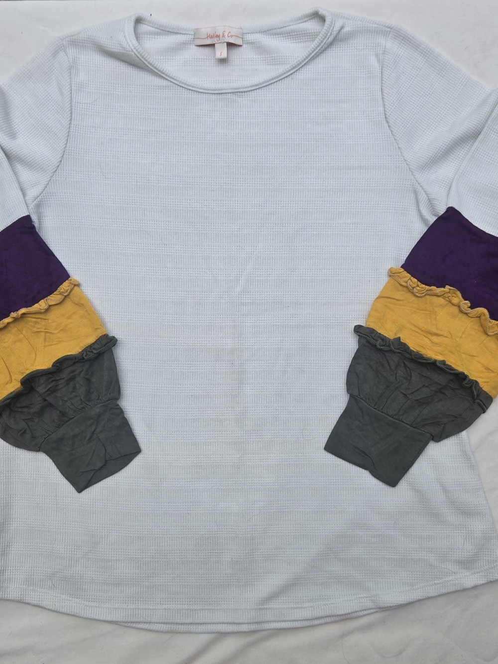 Hailey & Co. White Long Sleeve Top with Purple, Mustard and Olive Ruffle Sleeves